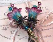 Aqua and Amethyst Flower Earrings, Hand Painted Flower Earrings, Boho Dangle Earrings, Vintage Style Earrings, Swarovski Crystals, Bronze