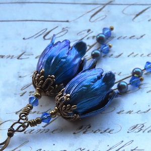Blue and Purple Iridescent Colour Shifting Patina Hand Painted Tulip Flower Earrings, Vintage Style Earrings, Gift for Her