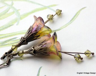 Green Flower Earrings, Hand Painted Flower Earrings, Boho Flower Dangle Earrings, Vintage Style Earrings, Swarovski Crystals, Unique Gift