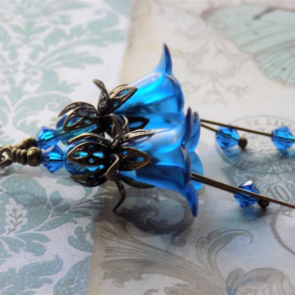 Capri Blue Flower Earrings, Hand Painted Flower Earrings, Boho Dangle Flower Earrings, Vintage Style Earrings, Unique Gift for Her