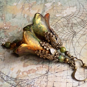 Green and Gold &quot;When Autumn Leaves Start to Fall&quot; Hand Painted Lucite Flower Earrings, Floral Boho Vintage Style Dangle Flower Earrings