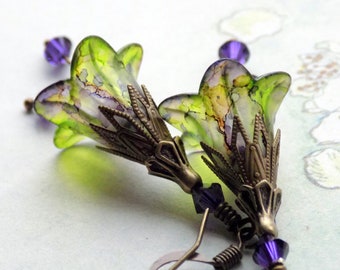 Lime and Purple Flower Earrings, Hand Painted Flower Earrings, Boho Flower Dangle Earrings, Vintage Style Earrings, Unique Mothers Day Gift