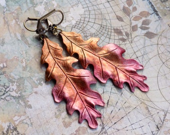 DECEPTION Plum Rust Gold Autumn Oak Leaf Earrings, Fall Oak Leaf Hand Painted Vintage Style Earrings, Boho Woodland Earrings, Gift for Her