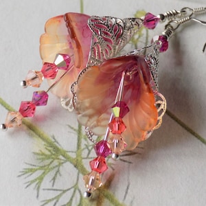 Apricot, Peach, and Plum "Peach Bellini" Hand Painted Flower Earrings, Filigree Silver Flower Vintage Style Earrings, Mothers Day Gift