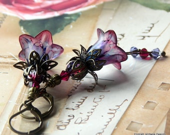 Mauve Purple Flower Earrings, Hand Painted Flower Earrings, Boho Dangle Drop Earrings, Vintage Style, Red Flower Earrings