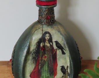 Altered Art Bottle "Morgan le Fay": Arthurian Legend, Swarovski Crystal, Silk Ribbon, Antiqued Brass