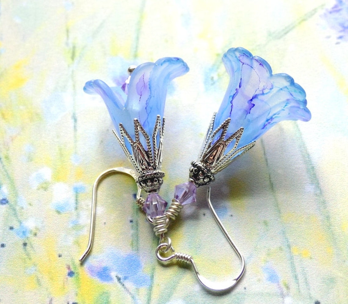 Blue Flower Earrings Pastel Blue Earrings Hand Painted Etsy