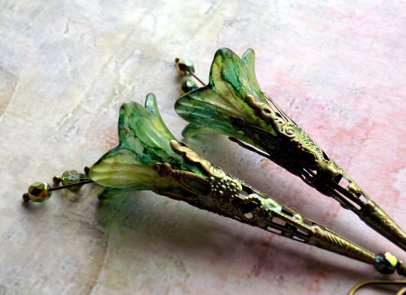 Green and Gold Flower Earrings Green Filigree Earrings Vintage Style Earrings Hand Painted Flower Earrings Floral Dangle Earrings