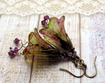 Plum Purple Green Gold Flower Earrings, Hand Painted Flower Earrings, Boho Dangle Vintage Style Earrings, Unique Mothers Day Gift