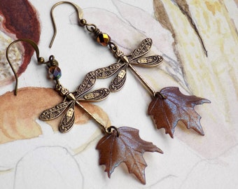 Autumn Fall Leaf Hand Painted Earrings, Leaf and Dragonfly Vintage Style Artisan Boho Dangle Earrings, Gift for Her