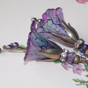 Purple "HEATHER" Hand Painted Lucite Vintage Style Flower Dangle Earrings