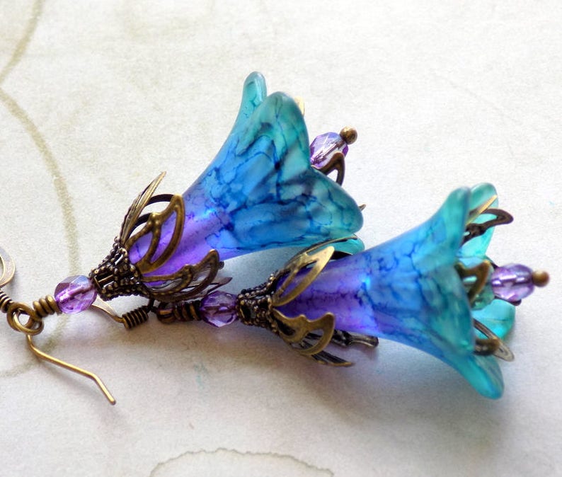 Blue Green Purple Flower Earrings Multicolor Flower Earrings Etsy