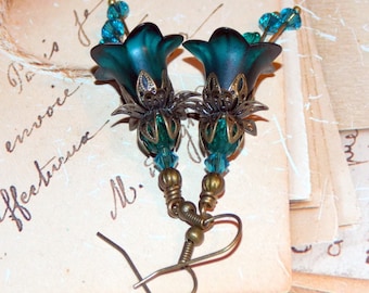 Peacock Blue Flower Earrings, Hand Painted Flower Earrings, Vintage Style Boho Drop Dangle Earrings, Teal Blue Earrings, Mothers Day Gift