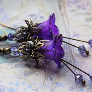Fairycore Amethyst Purple Hand Painted Lucite Vintage Style Flower Dangle Earrings