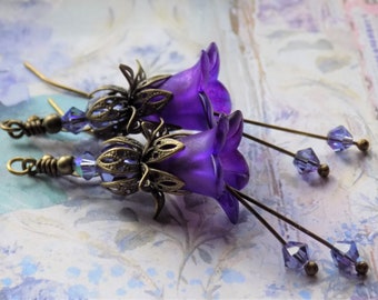 Amethyst Purple Flower Earrings, Hand Painted Flower Earrings, Boho Dangle Flower Earrings, Vintage Style Earrings, Unique Gift for Her