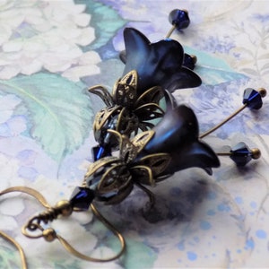 Dark Blue "INDIGO" Flower Earrings, Hand Painted Flower Earrings, Boho Dangle Flower Earrings, Vintage Style Earrings, Unique Gift for Her