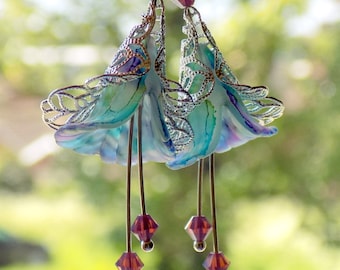 Multicolour Cyclamen Opal Hand Painted Lucite Lily Vintage Style Flower Dangle Earrings