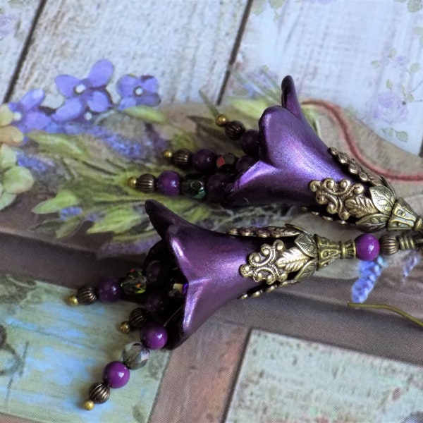 Purple Lucite Flower Earrings, "SMOULDERING PURPLE" Hand Painted Lucite Flower Earrings, Boho Dangle Vintage Style Earrings