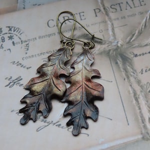 Oak Leaf Autumn Fall Hand Painted Brass Earrings, Boho Fall Autumn Leaf Earrings, Woodland/Nature Theme, Unique Gift for Her