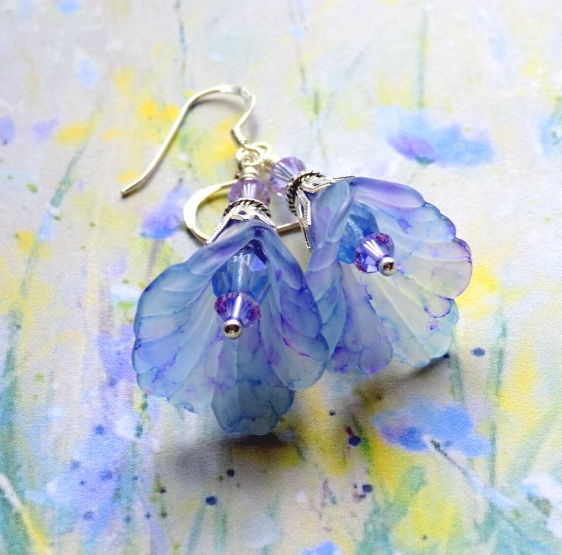 Blue Flower Earrings Pastel Blue Earrings Hand Painted Etsy