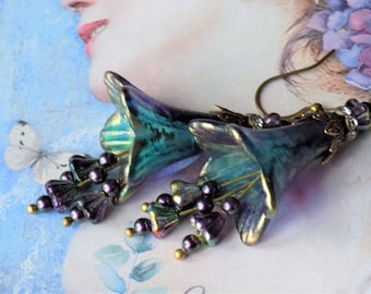 Teal, Purple, Gold I SAW A PEACOCK Flower Earrings, Hand Painted Flower Earrings, Boho Dangle Vintage Style Earrings, Mothers Day Gift