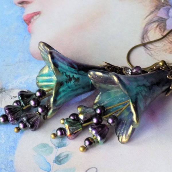 Teal, Purple, Gold I SAW A PEACOCK Flower Earrings, Hand Painted Flower Earrings, Boho Dangle Vintage Style Earrings, Mothers Day Gift