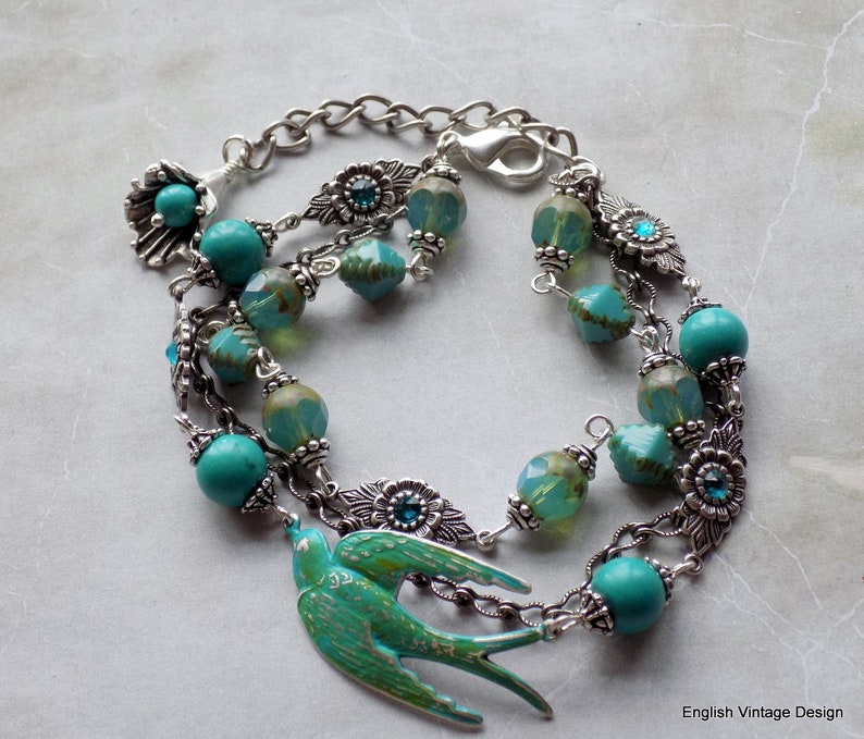 Antique Silver Boho Turquoise Bird Bracelet Unique Gift for Her 3 Strand Vintage Style Bracelet Turquoise Bracelet Czech Glass Bracelet