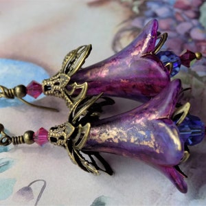 Plum and Gold &quot;Come into the Garden Maud&quot; Hand Painted Lucite Flower Earrings, Floral Boho Dangle Vintage Style Earrings, Gift for Her
