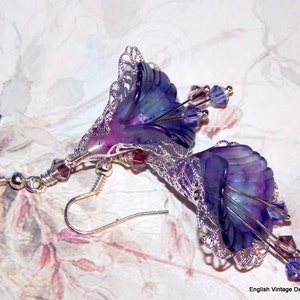 Purple Hand Painted Lucite Flower Earrings, Floral Vintage Style Boho Filigree Silver Dangle Earrings, Unique Gift for Her