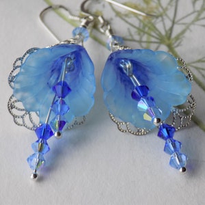 Blue &quot;Hazy Lazy Days&quot; Hand Painted Flower Earrings, Filigree Silver Flower Earrings, Vintage Style Earrings, Unique Gift