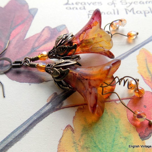 Rood paars geel "HERFST MAPLE" bloem oorbellen, herfst herfst handgeschilderde bloem oorbellen, Boho Dangle Oorbellen, uniek cadeau voor haar