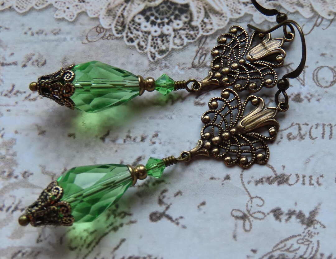 Peridot Green Crystal Dangle Earrings, Antique/vintage Art Nouveau