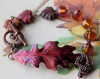 Oak Leaf Bracelet, Copper Red and Czech Glass Autumn Fall Bracelet, Hand Painted Woodland Theme Bracelet, Unique Gift for Her