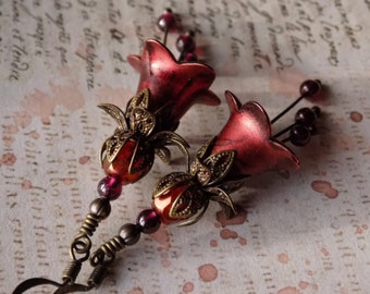 Copper Red Flower Earrings, Red Flower Earrings, Vintage Style Earrings, Boho Flower Dangle Earrings, Garnet Earrings, Mothers Day Gift