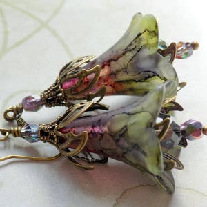 Green Red Purple &quot;The Potager&quot; Hand Painted Lucite Flower Earrings, Floral Boho Dangle Vintage Style Earrings, Unique Gift for Her