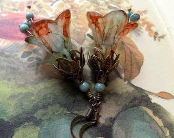 Verdigris and Rust "FUNGI" Autumn Fall Hand Painted Lucite Vintage Style Flower Dangle Earrings