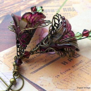 Mulberry Red Hand Painted Lucite Vintage Style Flower Dangle Earrings