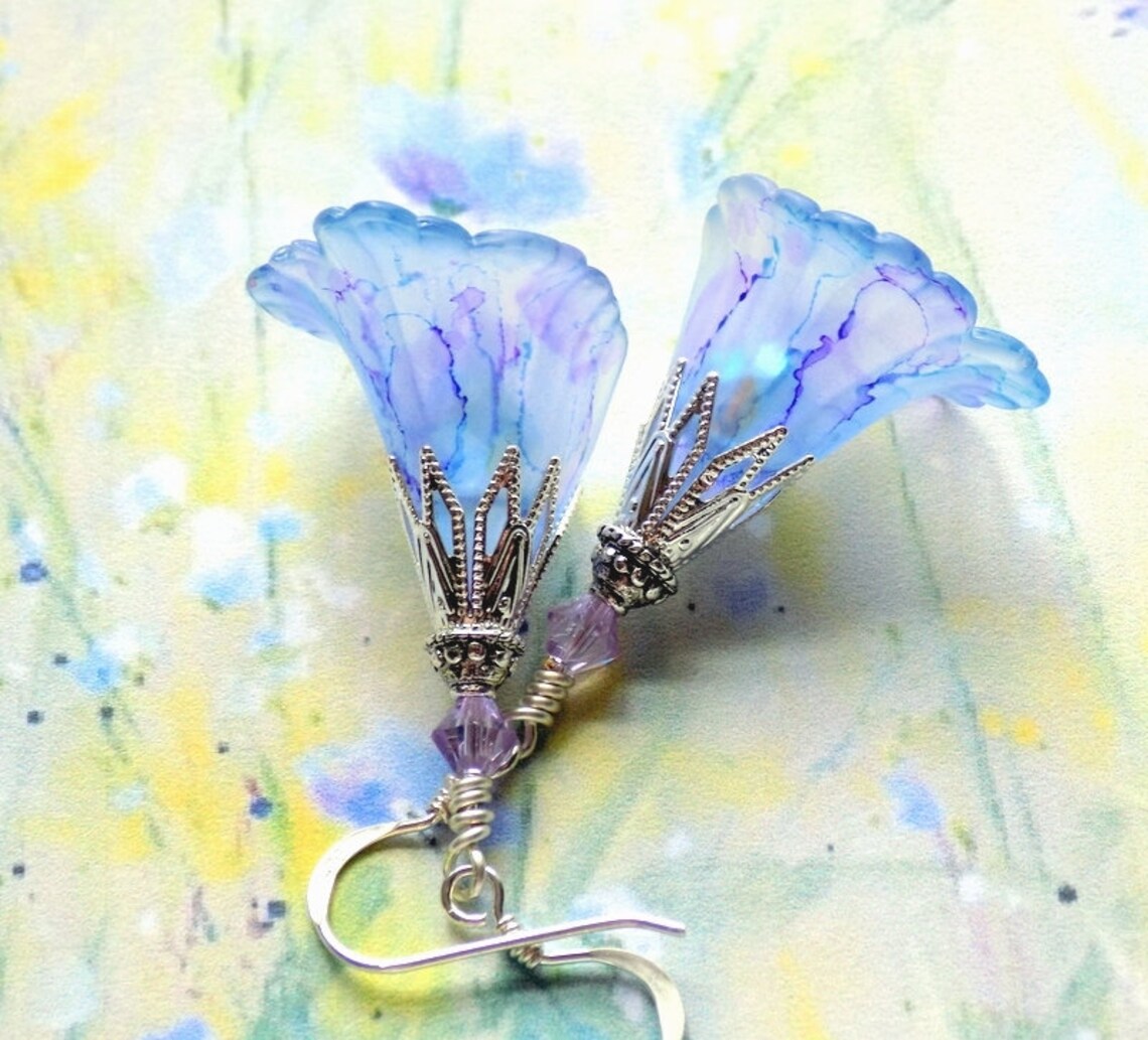 Blue Flower Earrings Pastel Blue Earrings Hand Painted Etsy