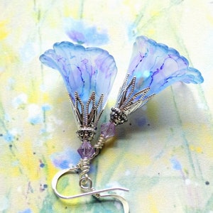 Blue &quot;Periwinkle&quot; Hand Painted Lucite Flower Earrings, Floral Boho Dangle Vintage Style Earrings, Unique Gift for Her
