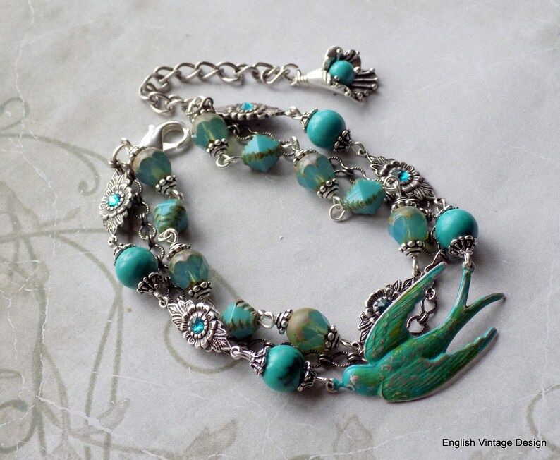 Antique Silver Boho Turquoise Bird Bracelet Unique Gift for Her 3 Strand Vintage Style Bracelet Turquoise Bracelet Czech Glass Bracelet