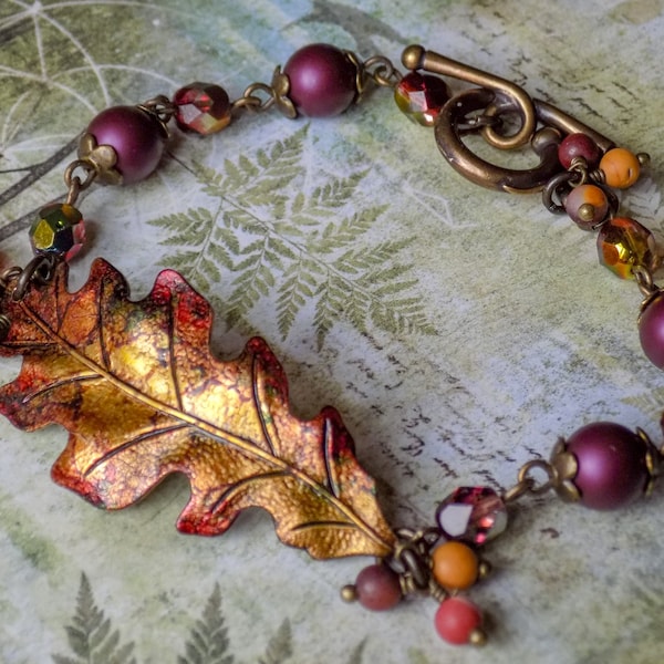 Gold and Red Autumn Oak Leaf Bracelet, Fall Bracelet, Hand Painted Bracelet, Vintage Style Bracelet, Woodland Bracelet