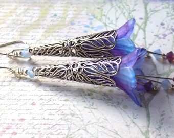Violet and Blue Lucite and Filigree Silver Flower Earrings, Hand Painted Flower Earrings, Floral Dangle Earrings, Vintage Style Earrings,