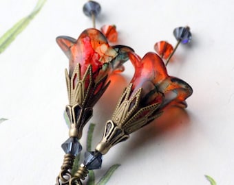 Red Flower Earrings, Hand Painted Flower Earrings, Boho Flower Dangle Earrings, Vintage Style Earrings, Swarovski Crystals, Unique Gift
