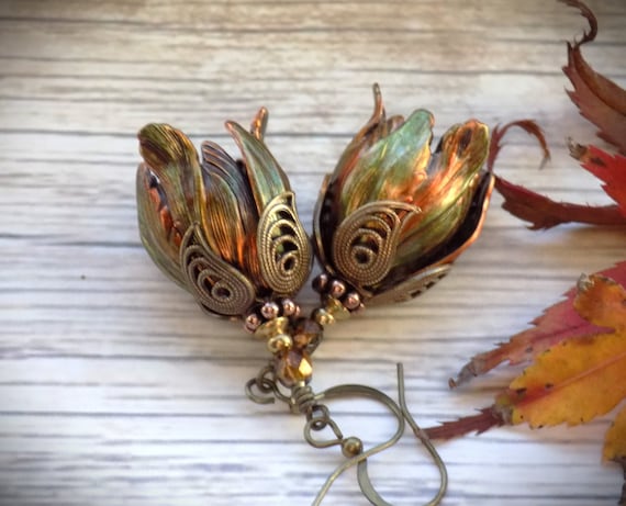 Green and Rust Patina Hand Painted Copper Tulip Vintage Style Flower Dangle Earrings