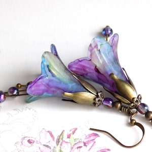 Purple Blue Green &quot;Water Meadow&quot; Hand Painted Lucite Flower Earrings, Floral Boho Vintage Watercolour Style Dangle Earrings, Gift for Her