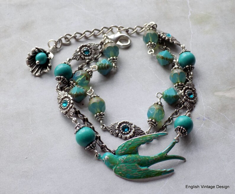 Antique Silver Boho Turquoise Bird Bracelet Unique Gift for Her 3 Strand Vintage Style Bracelet Turquoise Bracelet Czech Glass Bracelet