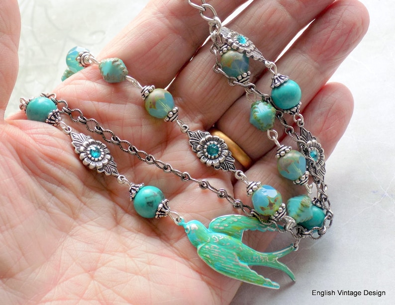Antique Silver Boho Turquoise Bird Bracelet Unique Gift for Her 3 Strand Vintage Style Bracelet Turquoise Bracelet Czech Glass Bracelet