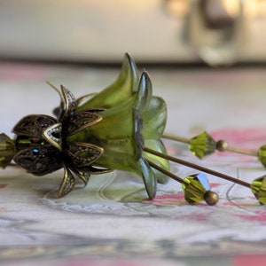 Olive Grove Hand Painted Lucite Flower Earrings, Floral Boho Dangle Vintage Style Filigree Bronze Earrings, Unique Gift for Her