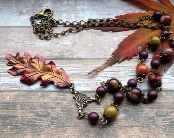 Gold and Red Oak Leaf Autumn Fall Necklace, Hand Painted Brass Oak Leaf and Mookaite Bead Pendant Necklace, Unique Mothers Day Gift