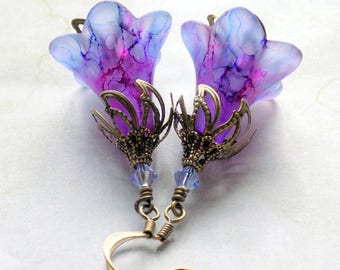 Plum and Blue Flower Earrings, Hand Painted Earrings, Boho Dangle Earrings, Vintage Style, Lucite Flower Earrings, Unique Gift for Her